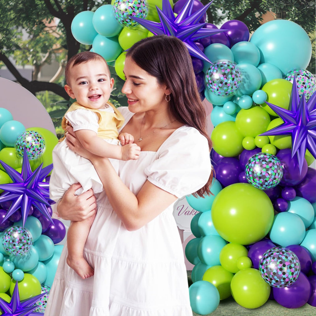 FEYG 126-Piece Green Purple Teal Balloon Arch Kit with Confetti and Star Foil Balloons for Birthday Baby Shower Wedding Decor