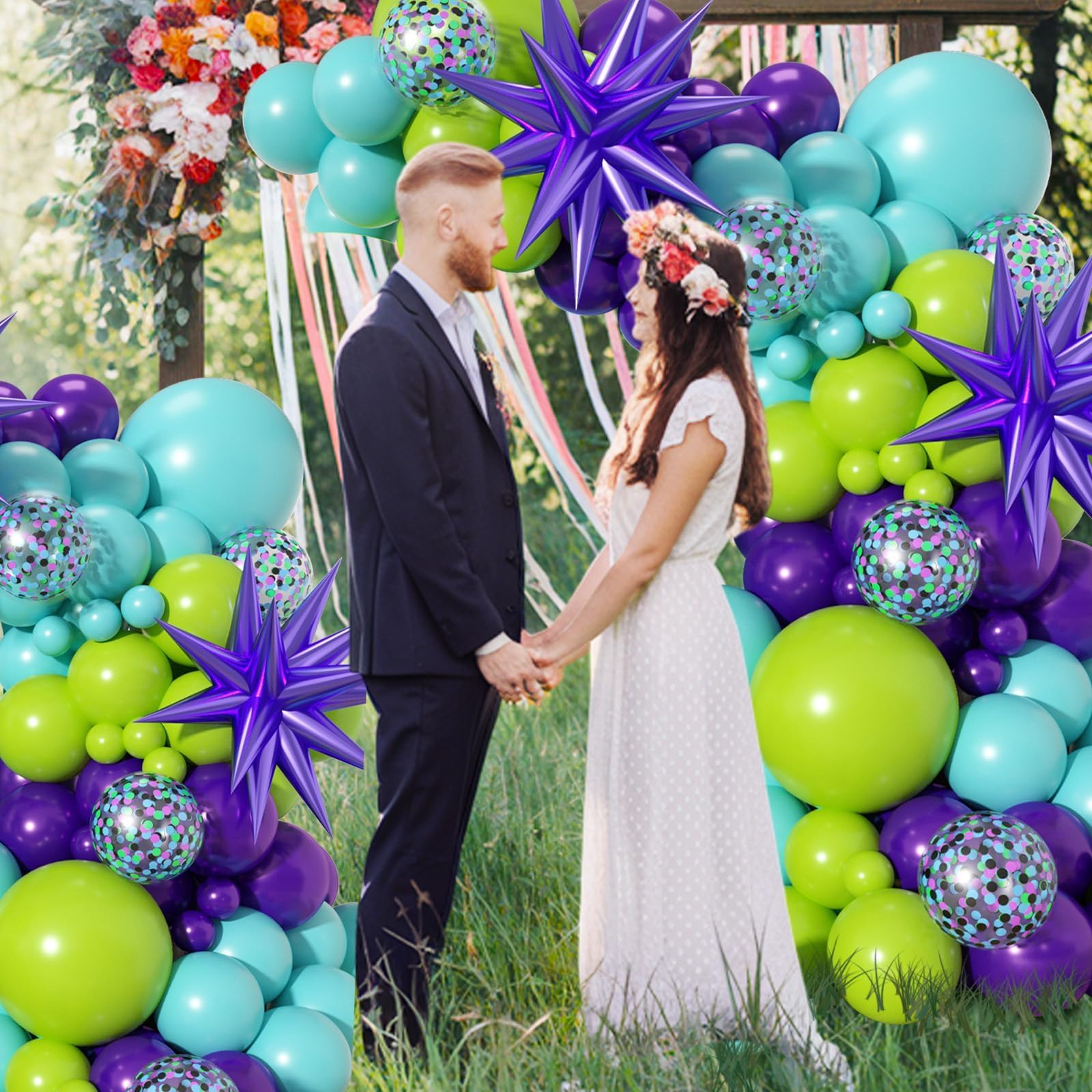 FEYG 126-Piece Green Purple Teal Balloon Arch Kit with Confetti and Star Foil Balloons for Birthday Baby Shower Wedding Decor