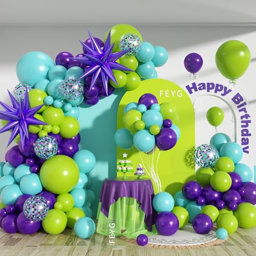 FEYG 126-Piece Green Purple Teal Balloon Arch Kit with Confetti and Star Foil Balloons for Birthday Baby Shower Wedding Decor