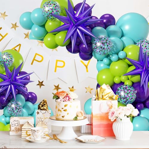 FEYG 126-Piece Green Purple Teal Balloon Arch Kit with Confetti and Star Foil Balloons for Birthday Baby Shower Wedding Decor