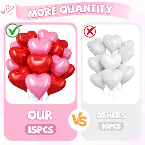 FEYG 15 Pack 18-Inch Red Pink Heart Foil Balloons for Valentine’s Day and Party Decor