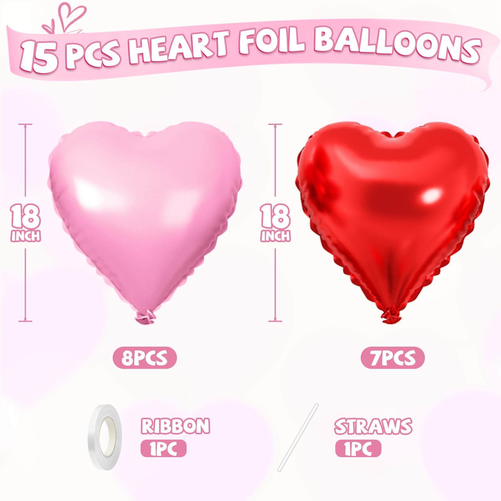 FEYG 15 Pack 18-Inch Red Pink Heart Foil Balloons for Valentine’s Day and Party Decor