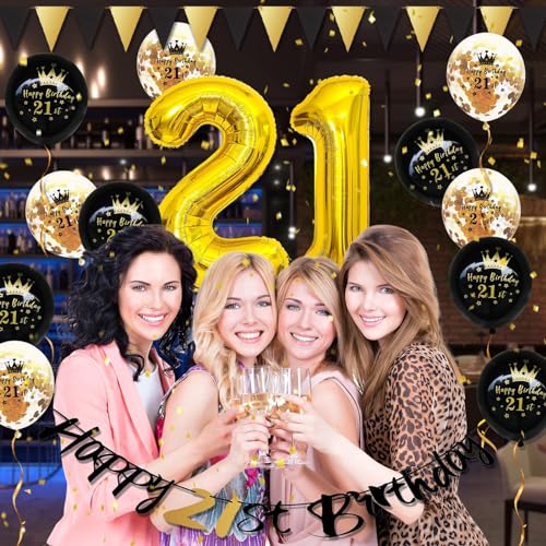 FEYG 21st Birthday Decorations Kit – Black & Gold Party Supplies with Number 21 Balloons, Banner, and Cake Topper