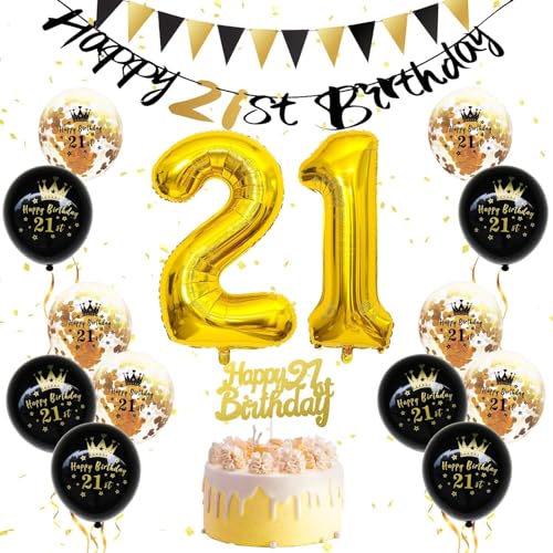 FEYG 21st Birthday Decorations Kit – Black & Gold Party Supplies with Number 21 Balloons, Banner, and Cake Topper