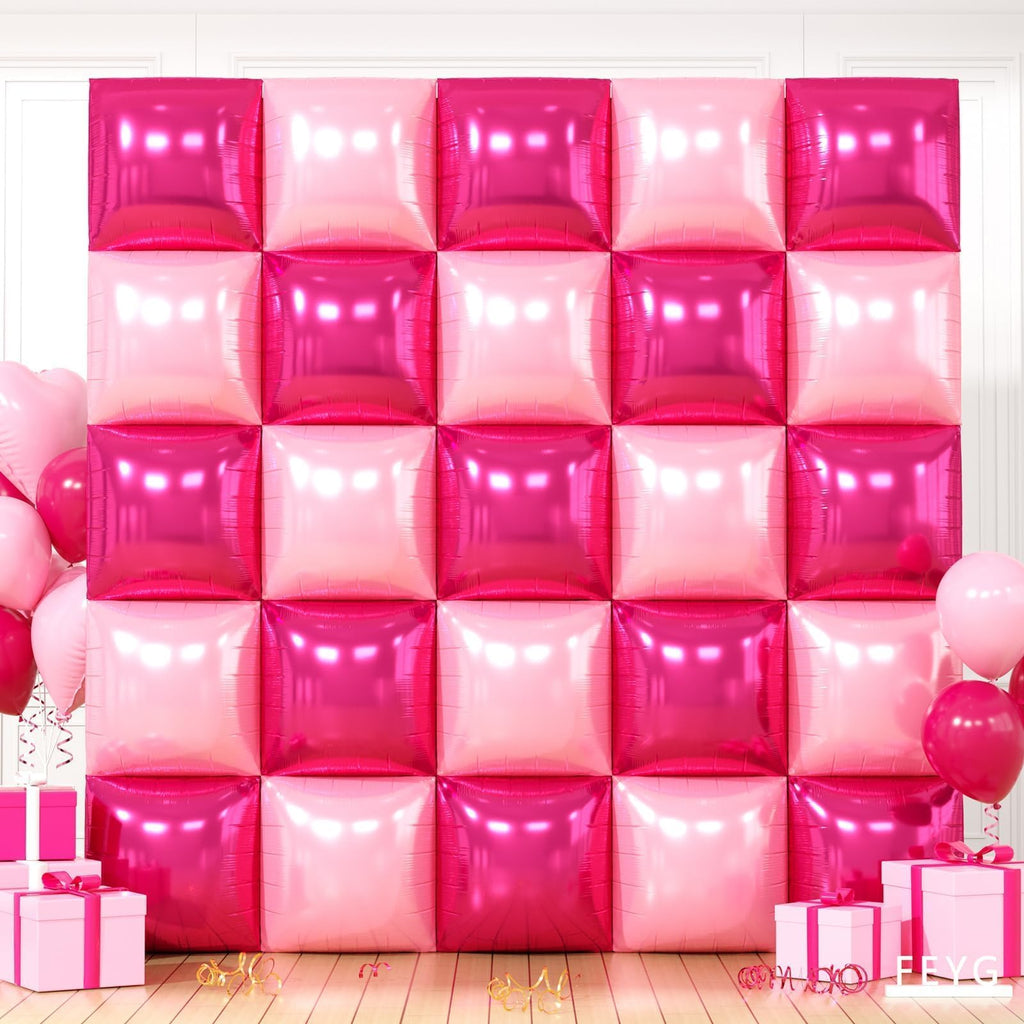 FEYG 25-Pack 19-Inch Double Sided Hot Pink & Rose Gold Square Foil Balloon Wall Kit – DIY Arch Tunnel Backdrop for Bachelorette Wedding Party Decor