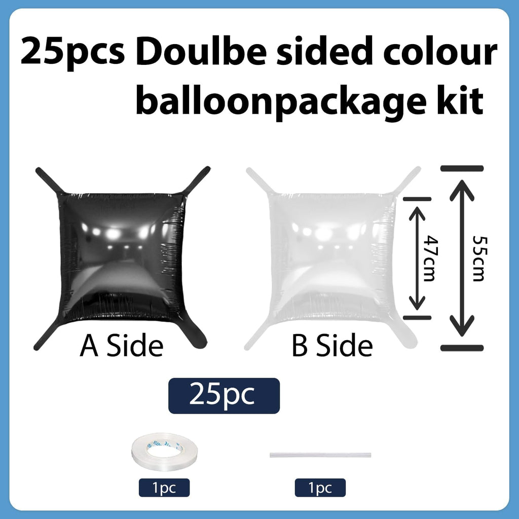 FEYG Double Sided Foil Balloon Wall Kit - 25 Pack 19 Inch Black and Pearl White Square Balloons for Party Arch, Tunnel, Backdrop Decoration