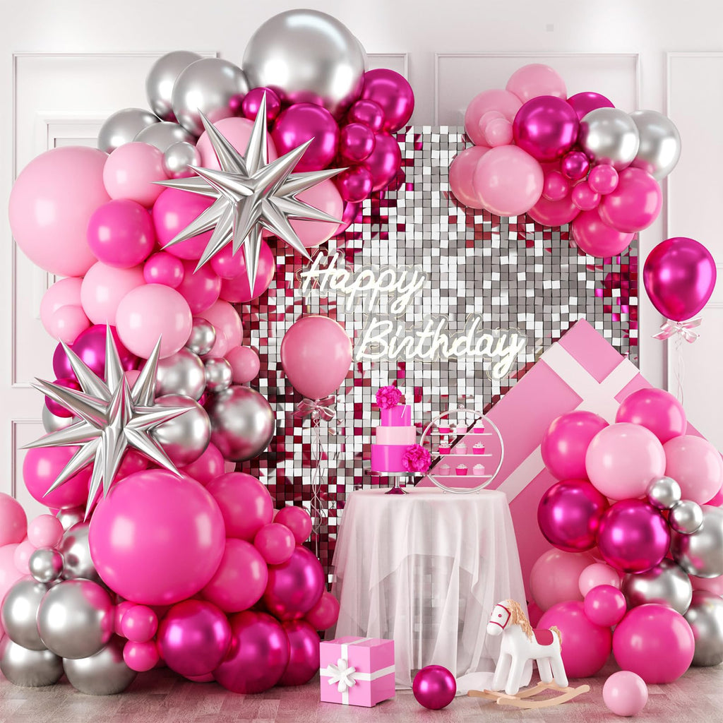 FEYG Pink and Silver Balloon Arch Kit - 120 Pastel Pink, Hot Pink, Silver & 4D Star Balloons for Princess Theme Parties, Baby Showers, Birthdays
