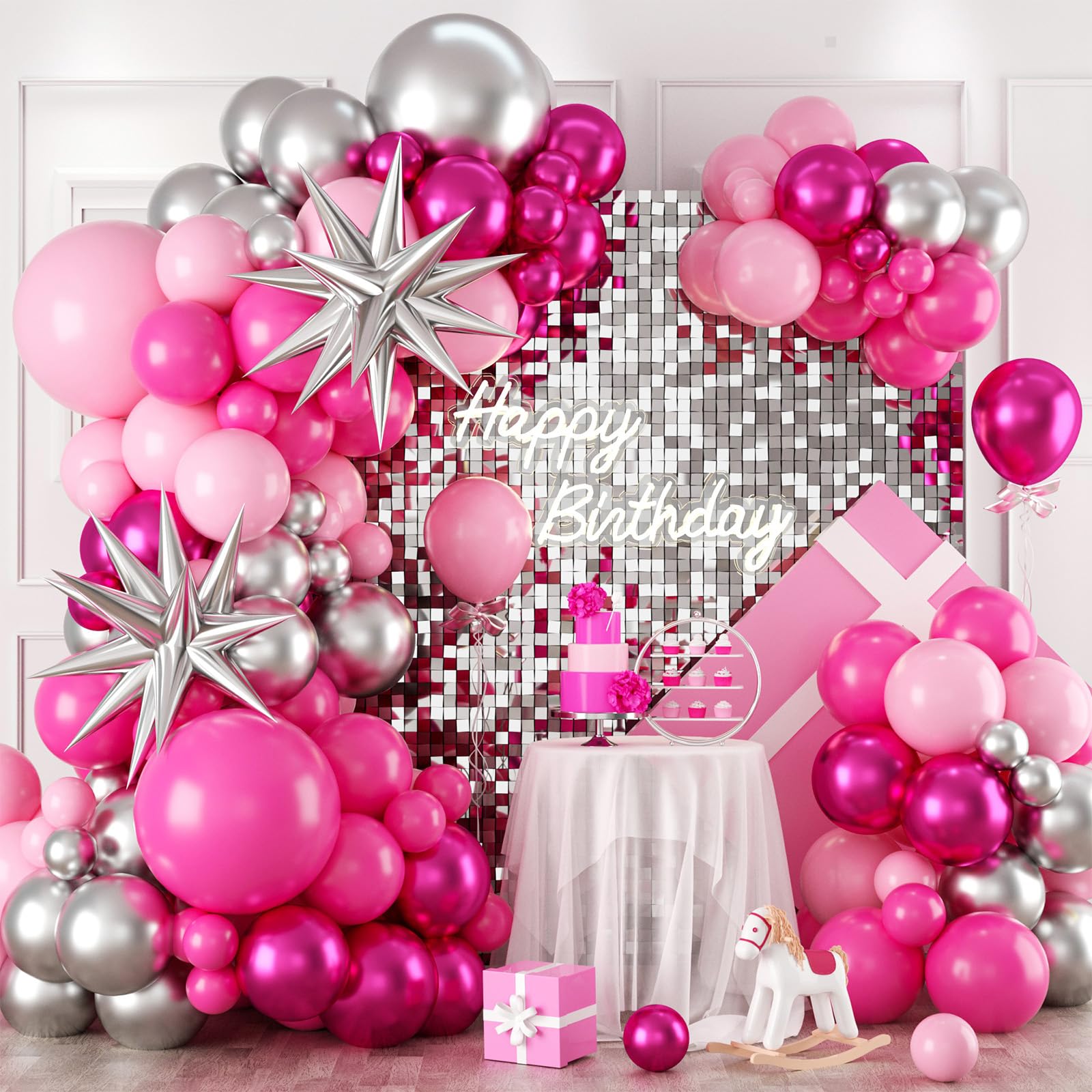 FEYG Pink and Silver Balloon Arch Kit - 120 Pastel Pink, Hot Pink, Silver & 4D Star Balloons for Princess Theme Parties, Baby Showers, Birthdays
