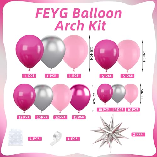 FEYG Pink and Silver Balloon Arch Kit - 120 Pastel Pink, Hot Pink, Silver & 4D Star Balloons for Princess Theme Parties, Baby Showers, Birthdays