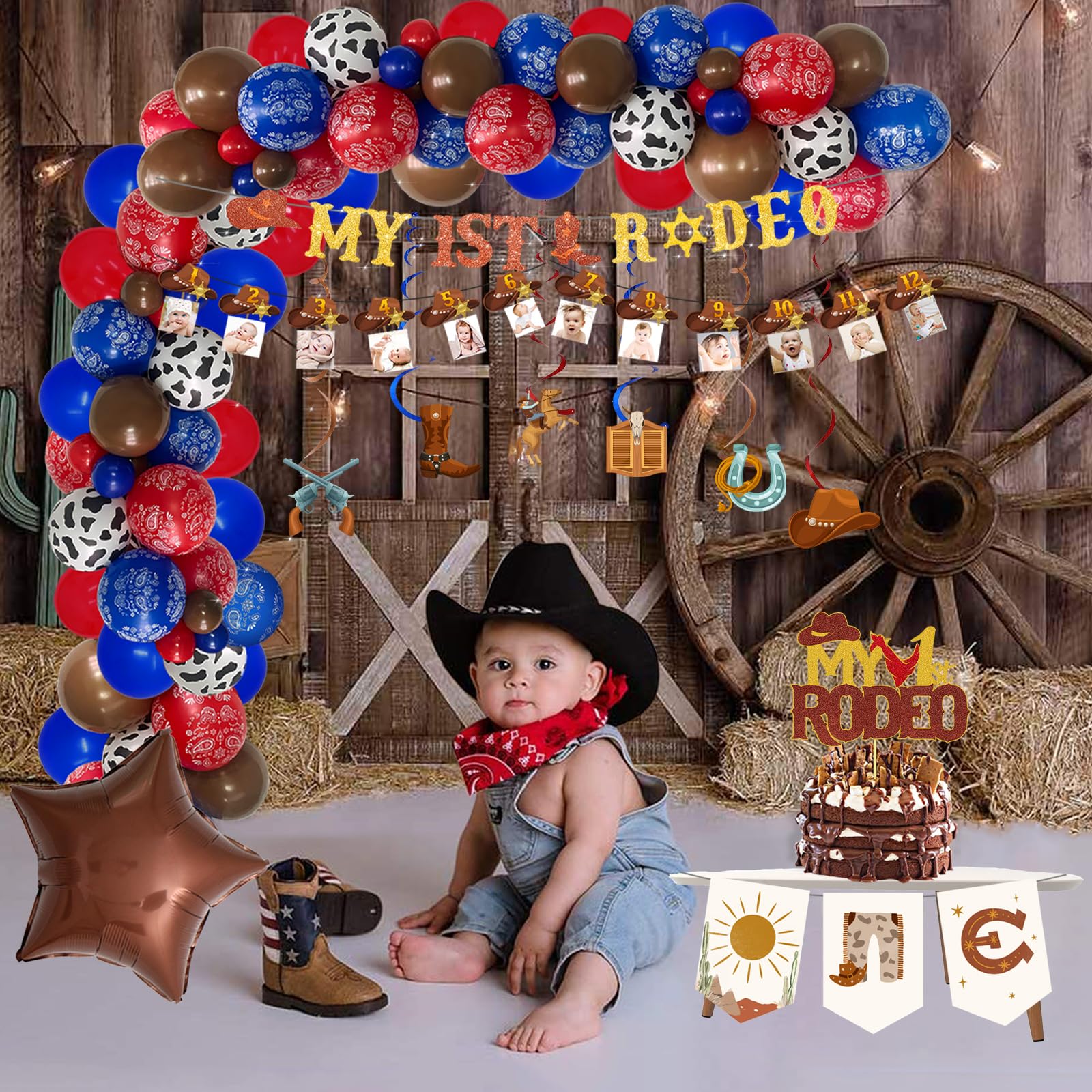 Fiesec My First Rodeo Boy's 1st Birthday Decorations Kit – 99 Pieces Cowboy Party Set with Balloons, Banners, Cake Topper