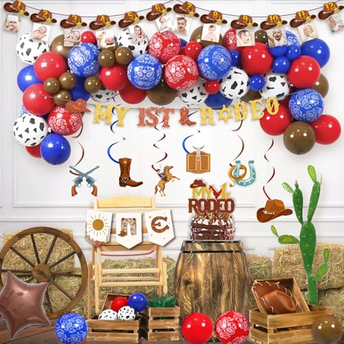Fiesec My First Rodeo Boy's 1st Birthday Decorations Kit – 99 Pieces Cowboy Party Set with Balloons, Banners, Cake Topper