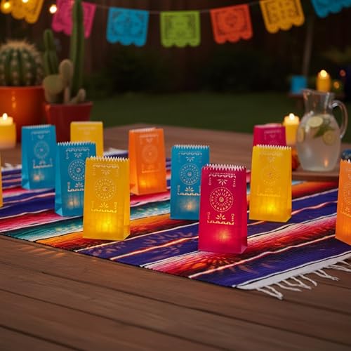 Fiesta Luminary Bags - 12 Pack, Paper, Cinco de Mayo & Day of the Dead Decor