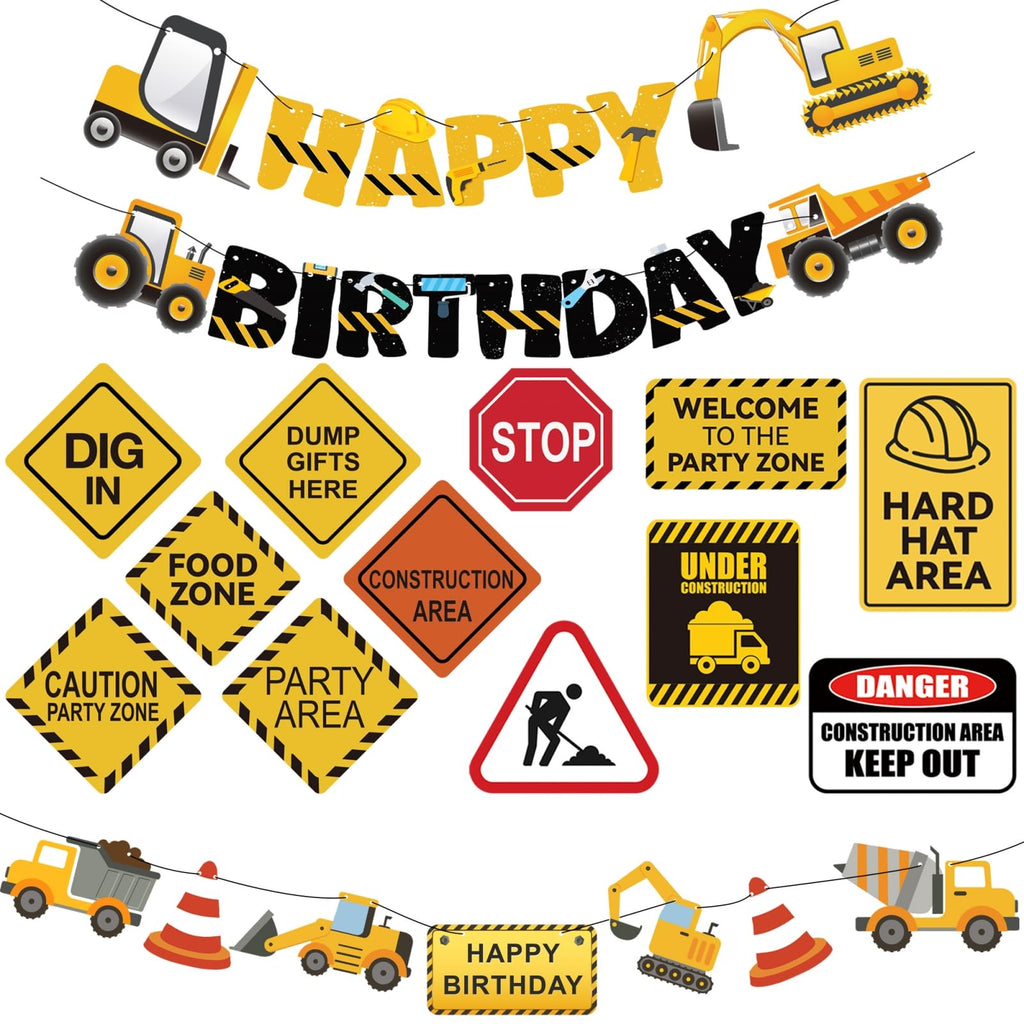 FIGEPO 14-Piece Construction Birthday Party Decoration Set – Banners, Garlands, Truck Cutouts & Traffic Signs