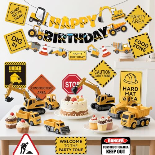 FIGEPO 14-Piece Construction Birthday Party Decoration Set – Banners, Garlands, Truck Cutouts & Traffic Signs