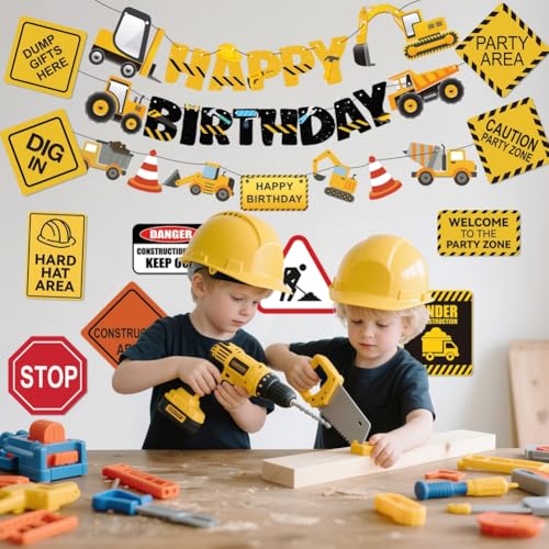 FIGEPO 14-Piece Construction Birthday Party Decoration Set – Banners, Garlands, Truck Cutouts & Traffic Signs