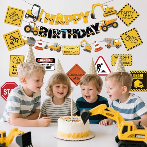 FIGEPO 14-Piece Construction Birthday Party Decoration Set – Banners, Garlands, Truck Cutouts & Traffic Signs