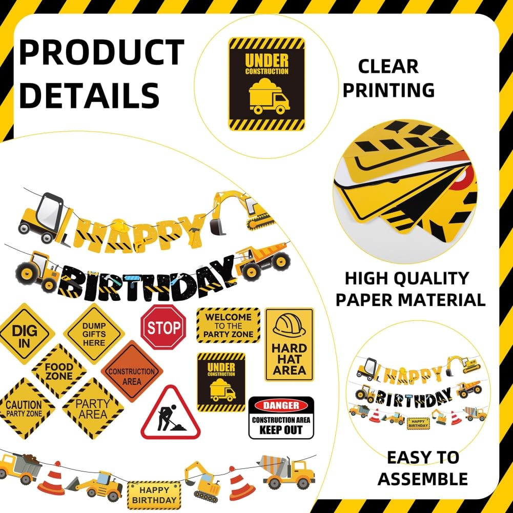 FIGEPO 14-Piece Construction Birthday Party Decoration Set – Banners, Garlands, Truck Cutouts & Traffic Signs