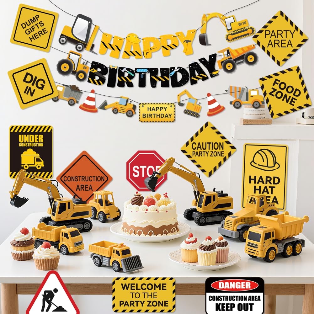 FIGEPO 14-Piece Construction Birthday Party Decoration Set – Banners, Garlands, Truck Cutouts & Traffic Signs