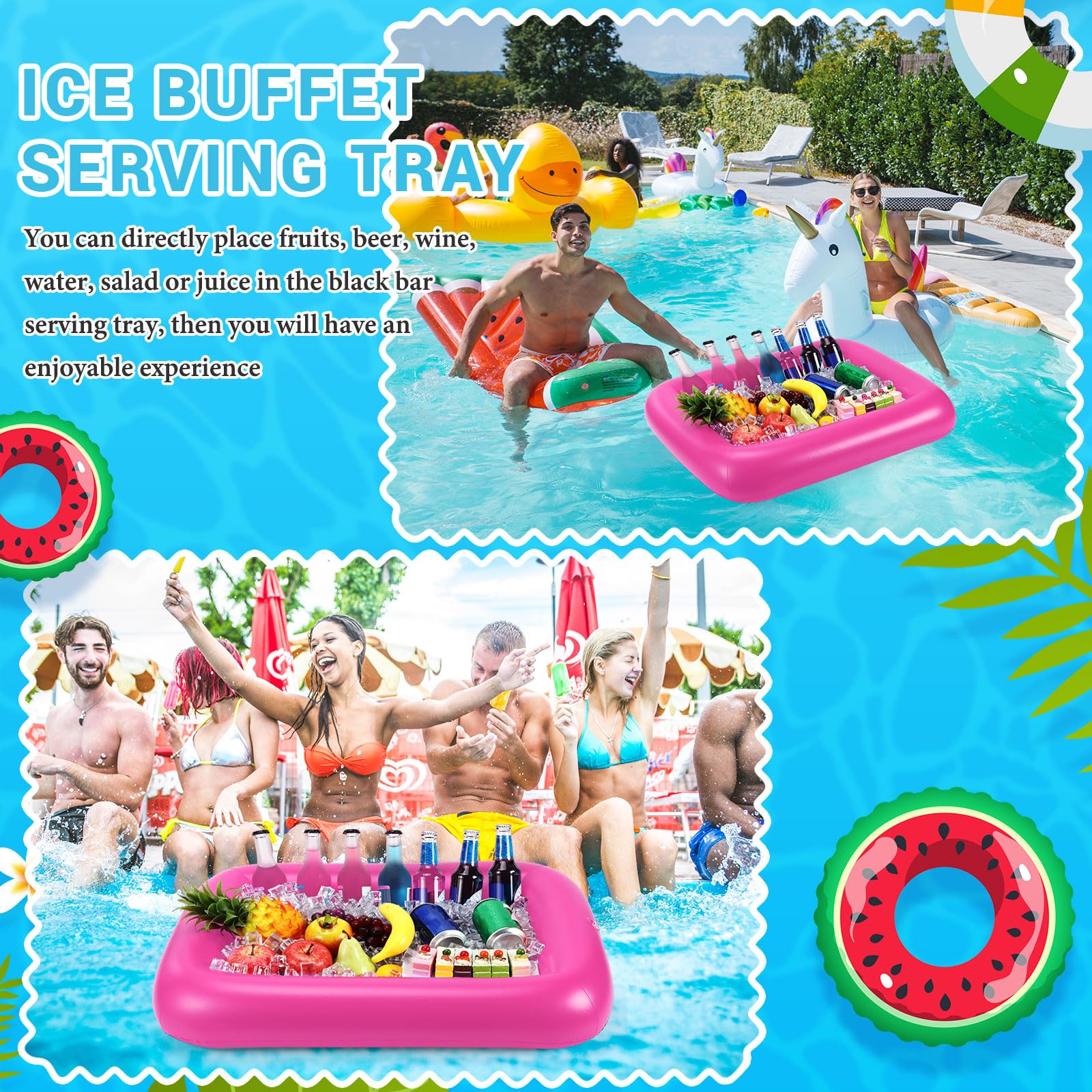 FillTouch Rectangular Inflatable Pool Drink Holder – Pink, Large, with Built-In Tray