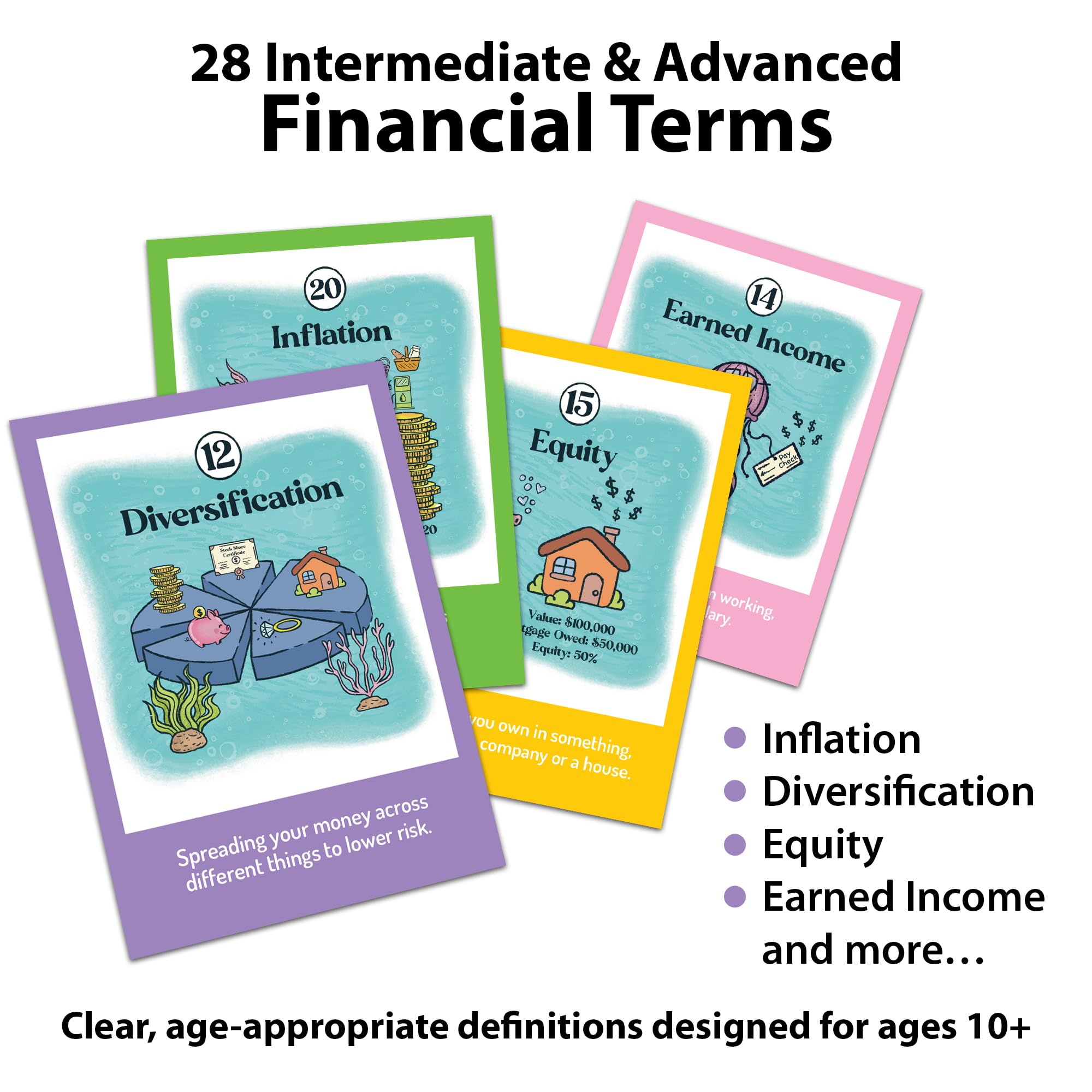 Finance Go Fish: 3 Financial Literacy Card Games for Kids (Ages 10+) – Go Fish, Memory, Old Maid with 28 Money Terms, Definitions & Artwork