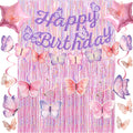 FINDRICH 33-Piece Purple Butterfly Birthday Decorations Set for Women Girls - Includes Banner, Wall Stickers, Hanging Swirls & Balloons