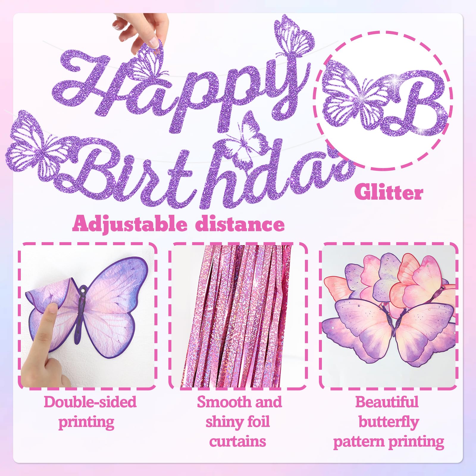 FINDRICH 33-Piece Purple Butterfly Birthday Decorations Set for Women Girls - Includes Banner, Wall Stickers, Hanging Swirls & Balloons