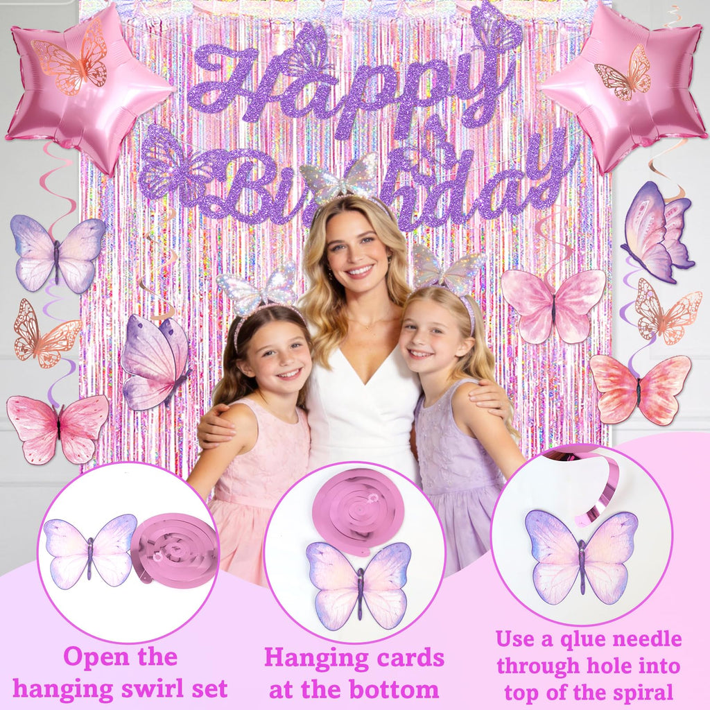 FINDRICH 33-Piece Purple Butterfly Birthday Decorations Set for Women Girls - Includes Banner, Wall Stickers, Hanging Swirls & Balloons