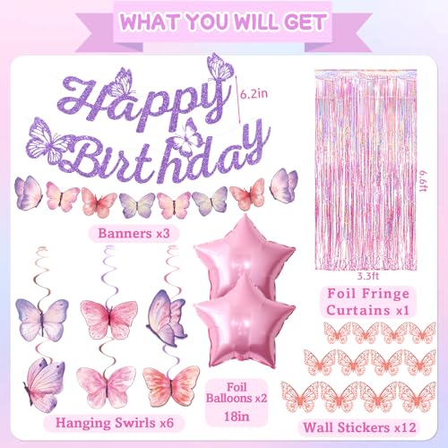 FINDRICH 33-Piece Purple Butterfly Birthday Decorations Set for Women Girls - Includes Banner, Wall Stickers, Hanging Swirls & Balloons