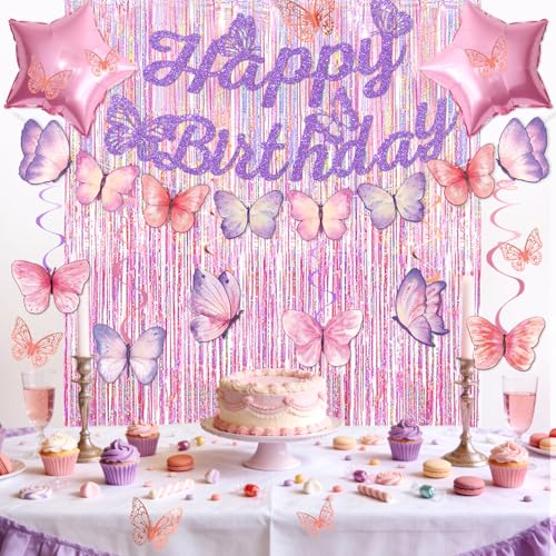 FINDRICH 33-Piece Purple Butterfly Birthday Decorations Set for Women Girls - Includes Banner, Wall Stickers, Hanging Swirls & Balloons