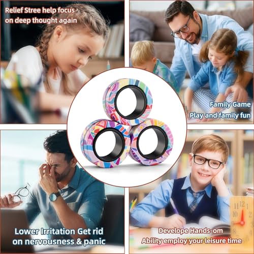 Finger Rock Magnetic Fidget Rings - 3 Pack Stress Relief Spinner Rings for Anxiety, ADHD Focus, and Calming - Smooth Plastic, Portable, Ages 8+