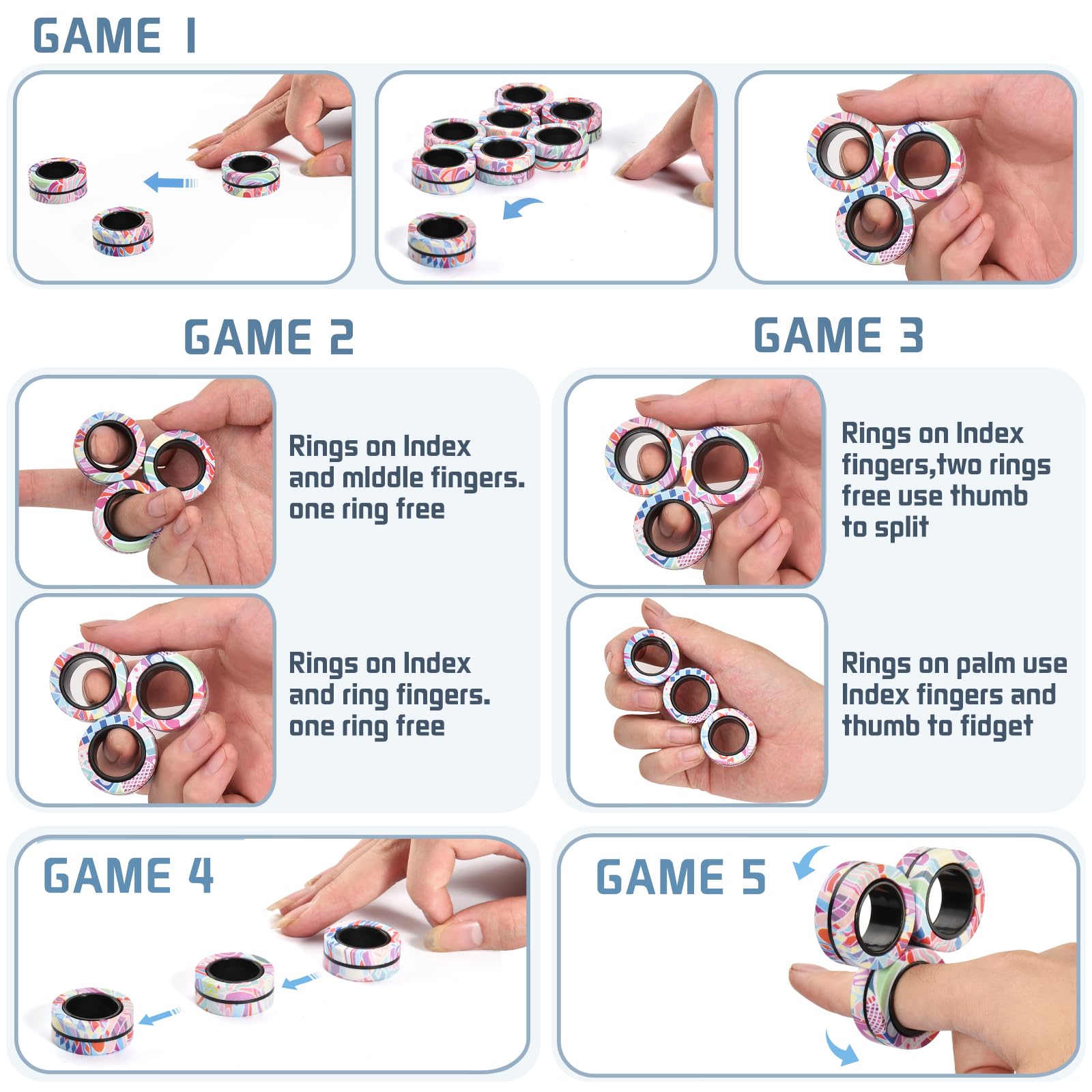 Finger Rock Magnetic Fidget Rings - 3 Pack Stress Relief Spinner Rings for Anxiety, ADHD Focus, and Calming - Smooth Plastic, Portable, Ages 8+