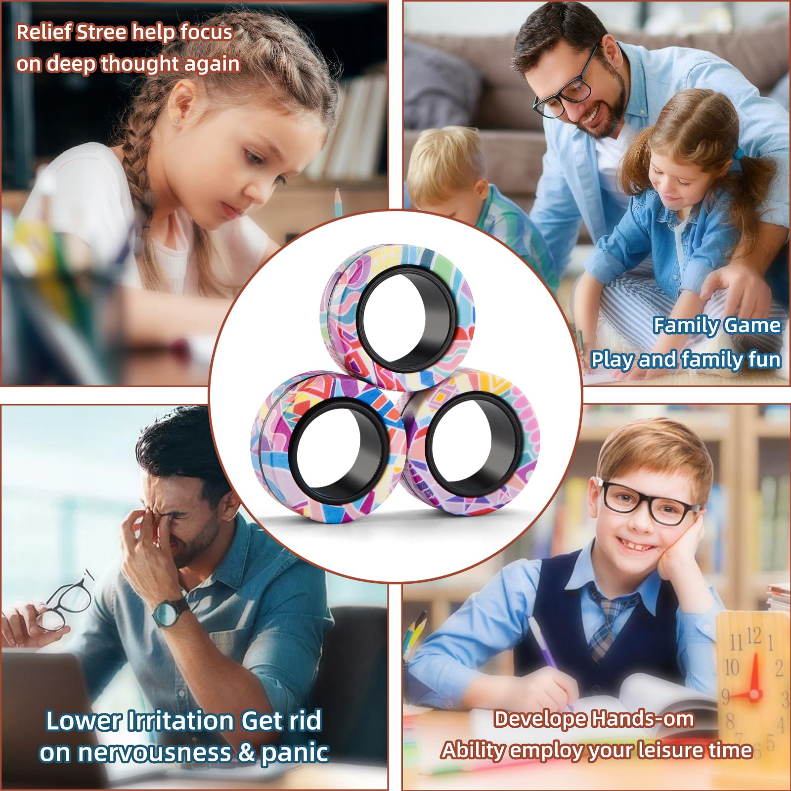 Finger Rock Magnetic Fidget Rings - 3 Pack Stress Relief Spinner Rings for Anxiety, ADHD Focus, and Calming - Smooth Plastic, Portable, Ages 8+