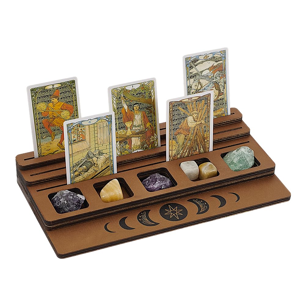 FINGERINSPIRE 3-Tier Wooden Tarot Card Holder - Camel Color with Moon Phase Design