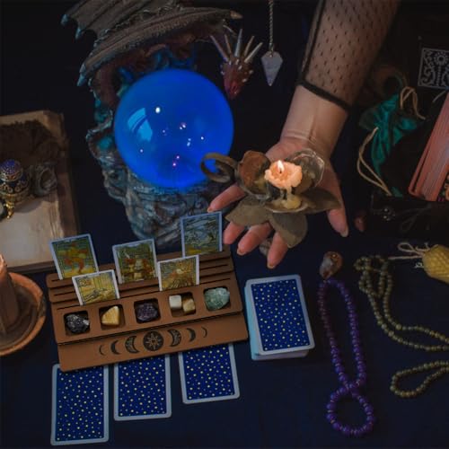 FINGERINSPIRE 3-Tier Wooden Tarot Card Holder - Camel Color with Moon Phase Design