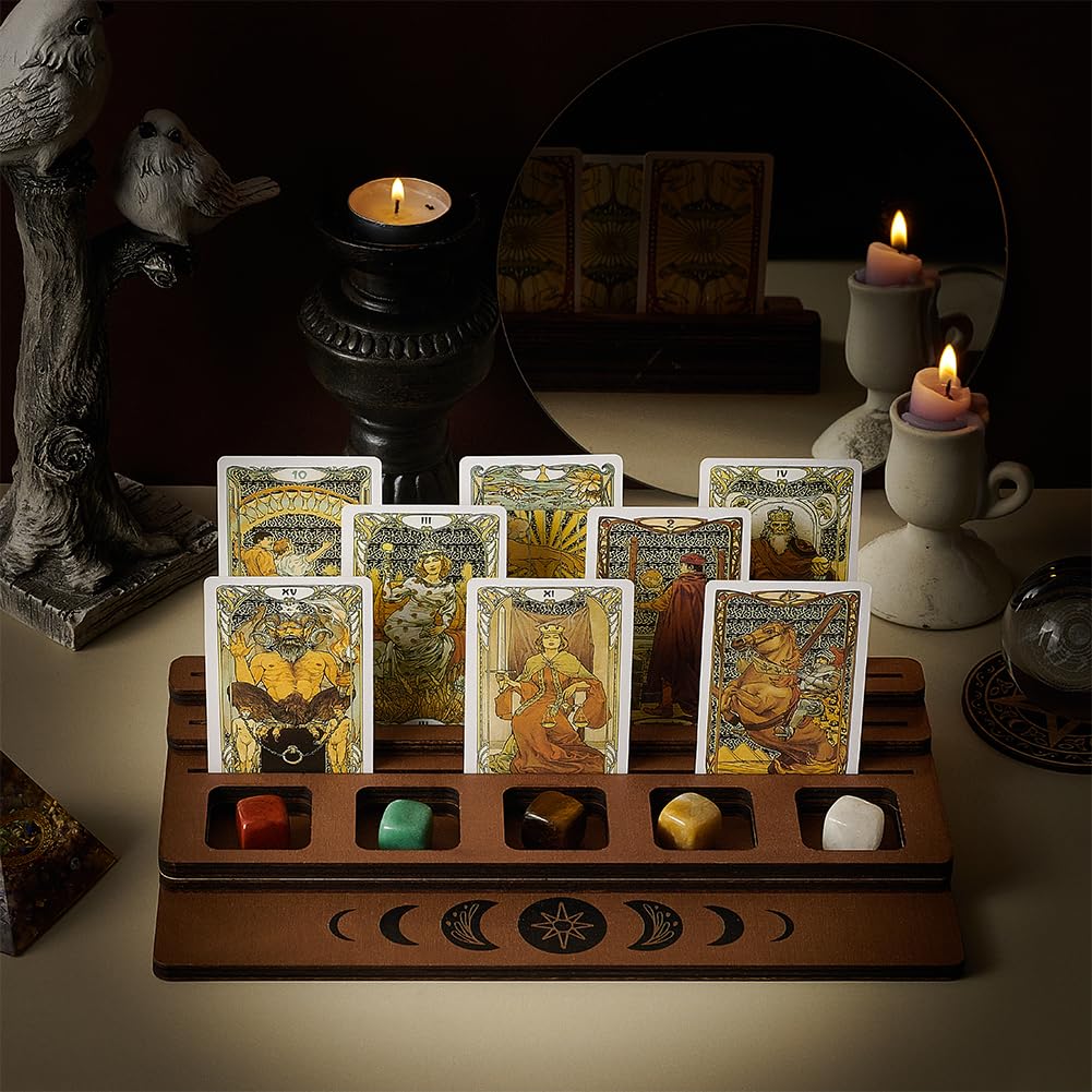 FINGERINSPIRE 3-Tier Wooden Tarot Card Holder - Camel Color with Moon Phase Design