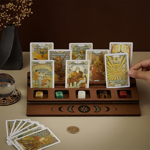 FINGERINSPIRE 3-Tier Wooden Tarot Card Holder - Camel Color with Moon Phase Design
