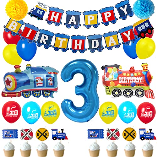 Finypa 3rd Birthday Train Party Decorations for Boys – Foil Balloons, Banner, Cake Toppers