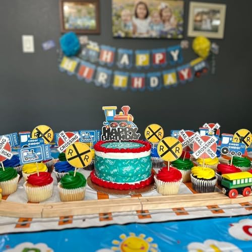 Finypa 3rd Birthday Train Party Decorations for Boys – Foil Balloons, Banner, Cake Toppers