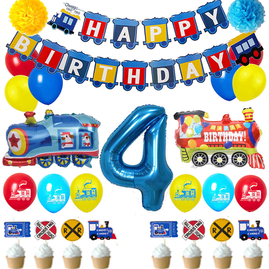 Finypa Train Birthday Decoration Set for 4-Year-Old - Number 4 Foil Balloon, Banner, Latex Balloons, Cake Topper, Railroad Theme