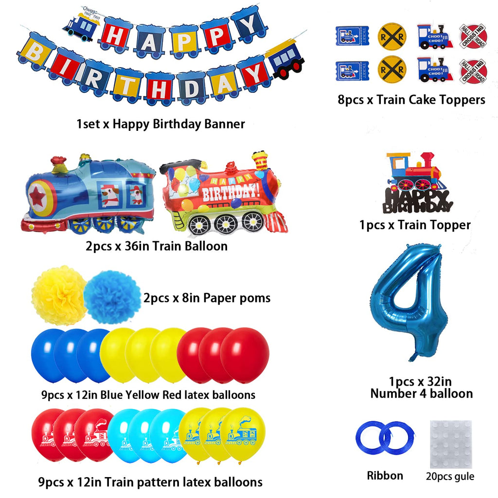 Finypa Train Birthday Decoration Set for 4-Year-Old - Number 4 Foil Balloon, Banner, Latex Balloons, Cake Topper, Railroad Theme