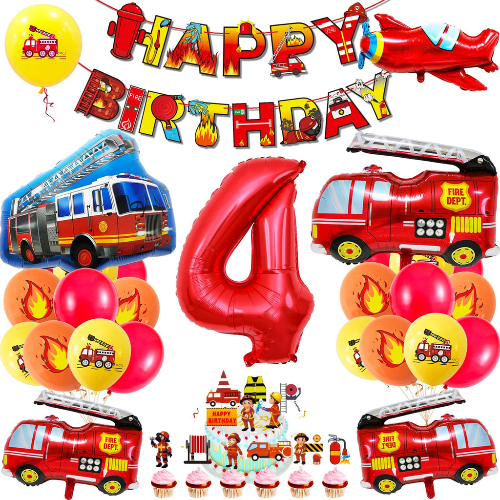 Fire Truck Party Decorations for 4 Year Old - SOIAODRAH Firefighter Birthday Balloons Set with Number 4 Foil Balloon