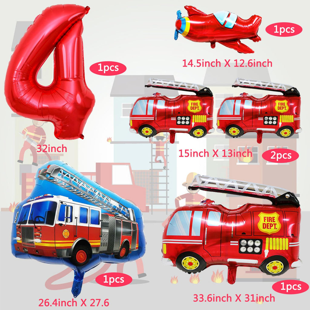 Fire Truck Party Decorations for 4 Year Old - SOIAODRAH Firefighter Birthday Balloons Set with Number 4 Foil Balloon