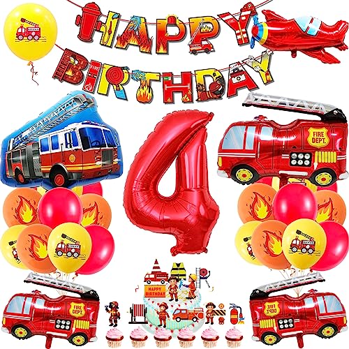 Fire Truck Party Decorations for 4 Year Old - SOIAODRAH Firefighter Birthday Balloons Set with Number 4 Foil Balloon