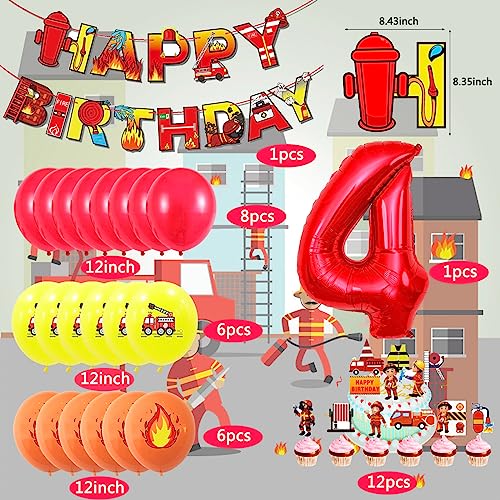 Fire Truck Party Decorations for 4 Year Old - SOIAODRAH Firefighter Birthday Balloons Set with Number 4 Foil Balloon