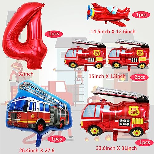 Fire Truck Party Decorations for 4 Year Old - SOIAODRAH Firefighter Birthday Balloons Set with Number 4 Foil Balloon
