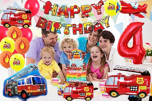 Fire Truck Party Decorations for 4 Year Old - SOIAODRAH Firefighter Birthday Balloons Set with Number 4 Foil Balloon