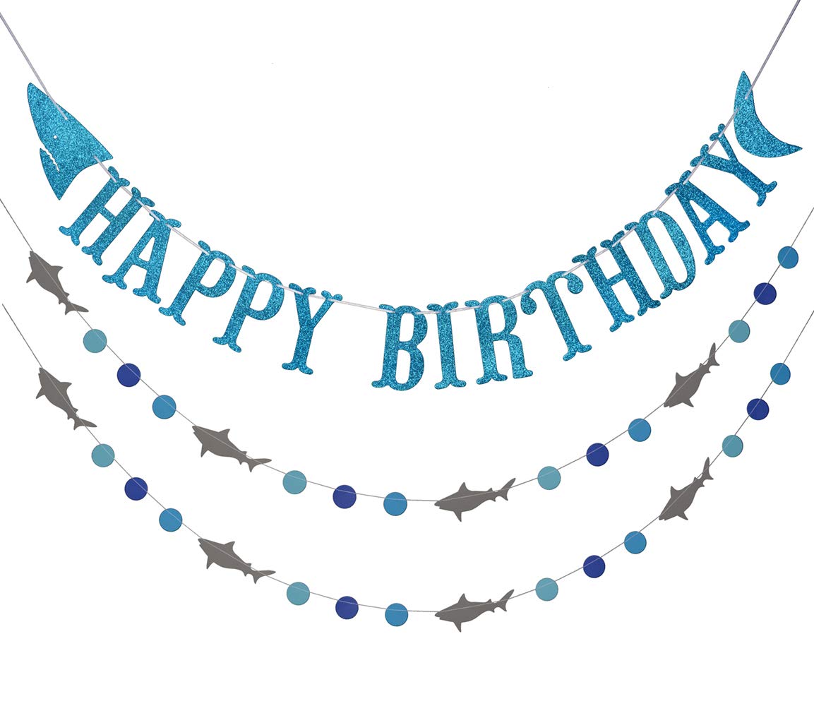 Firefairy Shark Happy Birthday Banner with Matching Garlands - Blue Glitter Cardstock, Pre-Strung 64.8 Inch