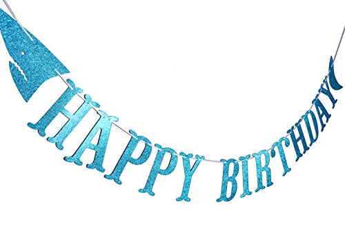 Firefairy Shark Happy Birthday Banner with Matching Garlands - Blue Glitter Cardstock, Pre-Strung 64.8 Inch