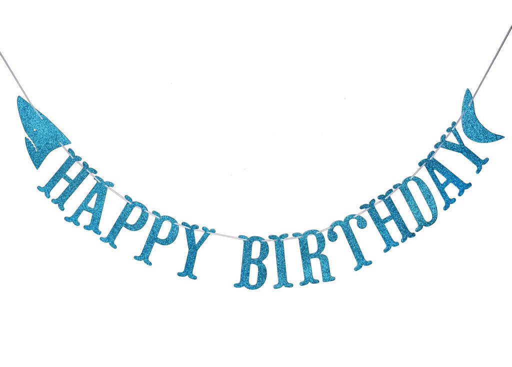 Firefairy Shark Happy Birthday Banner with Matching Garlands - Blue Glitter Cardstock, Pre-Strung 64.8 Inch