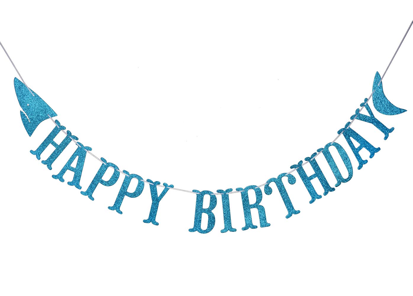 Firefairy Shark Happy Birthday Banner with Matching Garlands - Blue Glitter Cardstock, Pre-Strung 64.8 Inch